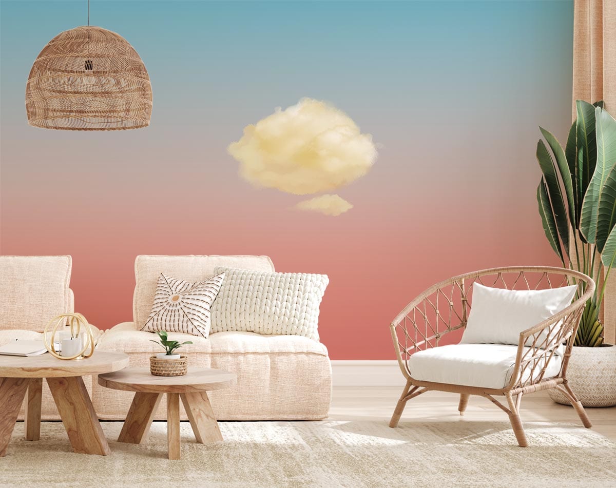 Serene Sky Gradient Cloud Mural, beige sofa, wicker chair, light wood floor, pendant lighting.