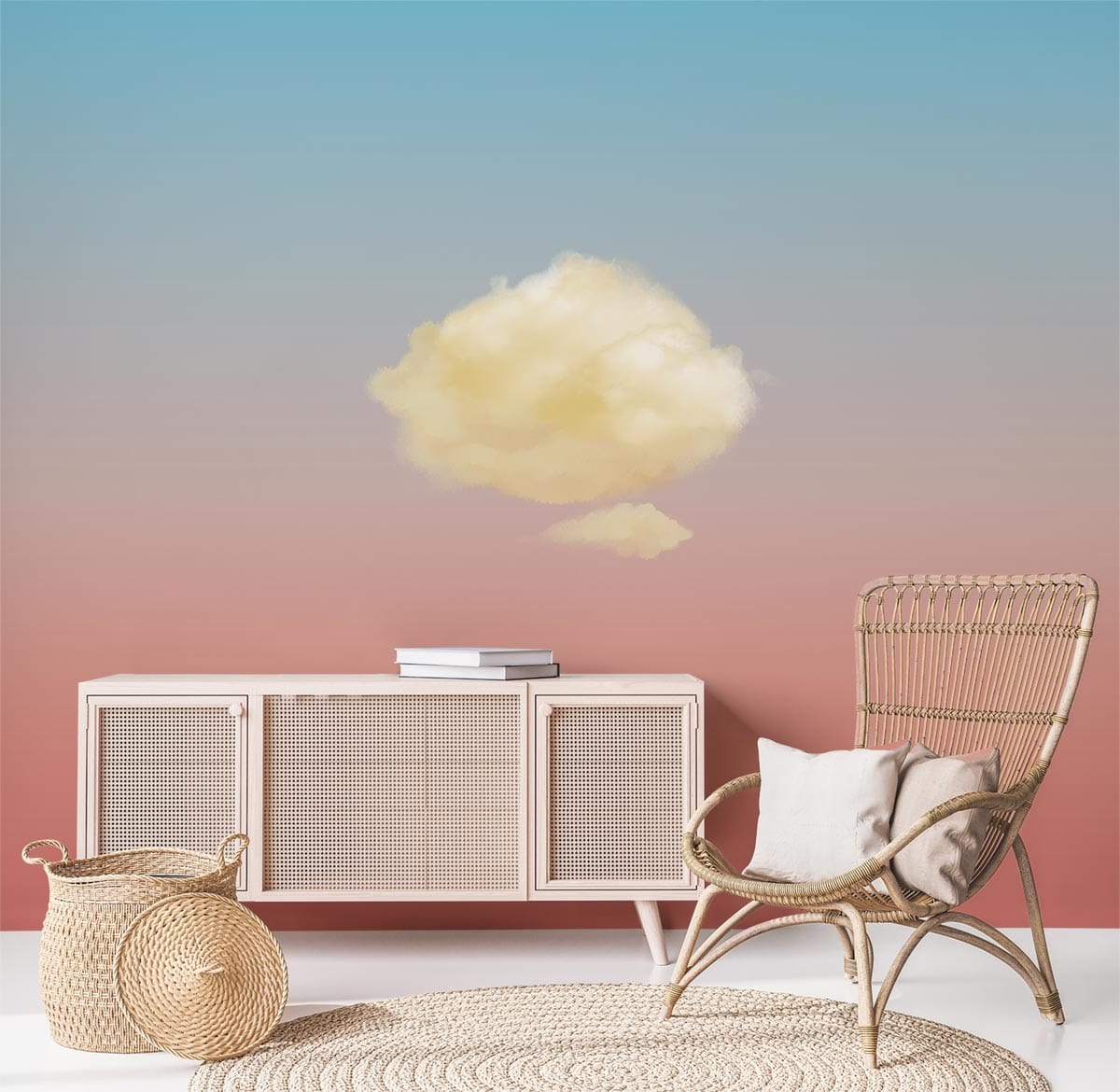 Serene Sky Gradient Cloud Mural with wicker chair, neutral cabinet, round rug in a calming setting.