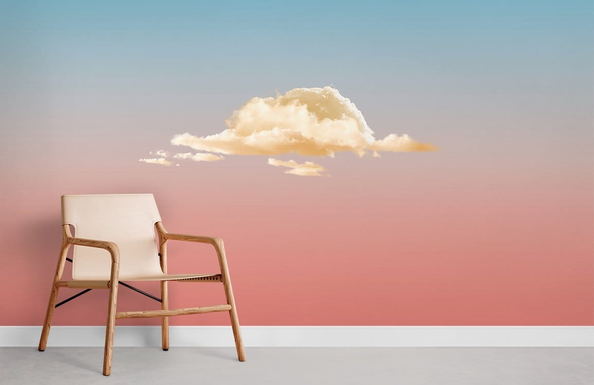 Dreamy sunset mural wallpaper with pastel ombre tones, featuring beige chair, in minimalistic room setting.