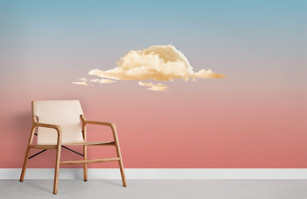 Dreamy sunset mural wallpaper with pastel ombre tones, featuring beige chair, in minimalistic room setting.