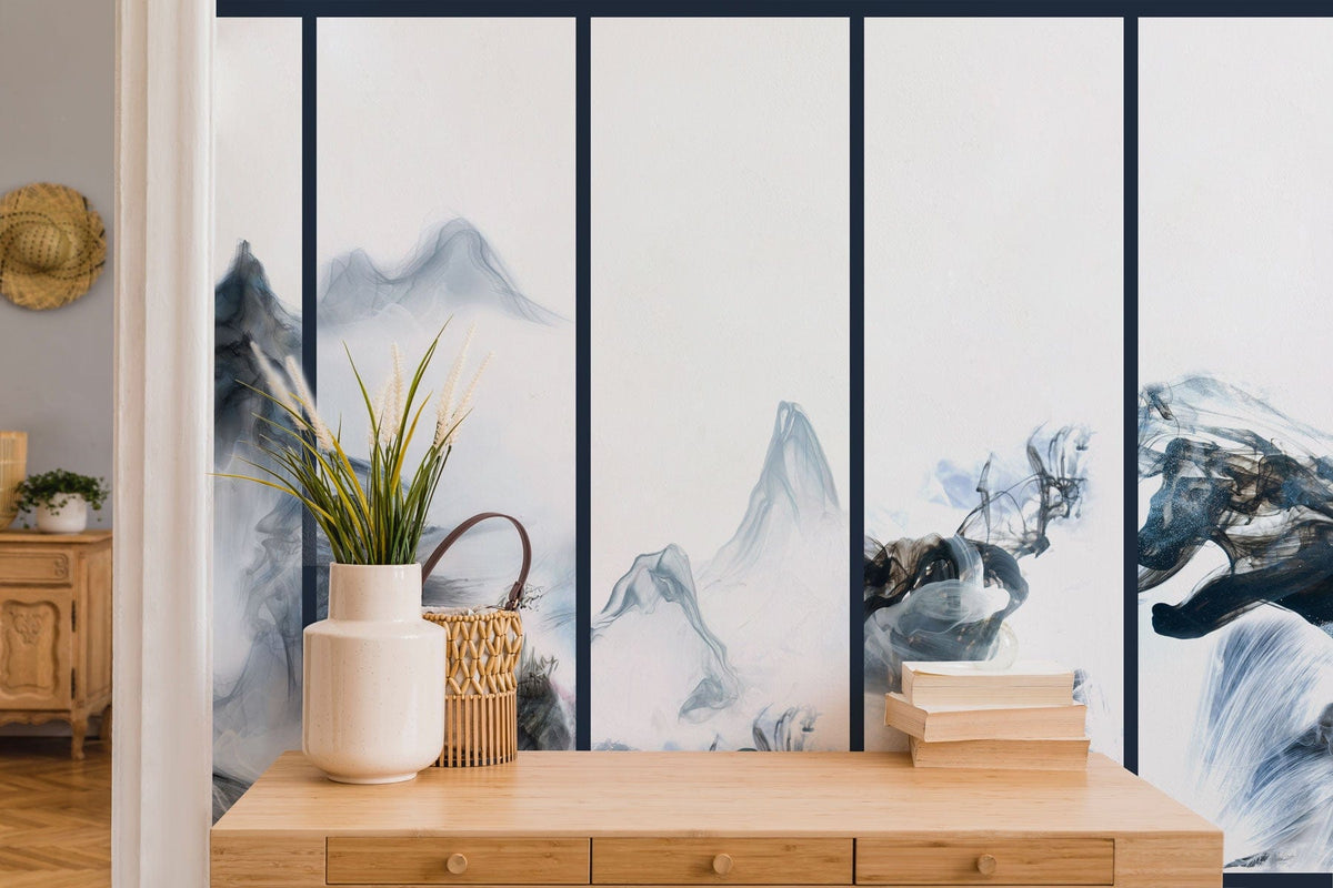 Serene Blue Mist Mountain Mural Wallpaper, oriental elegance, wooden sideboard, light wood flooring, decorative items.