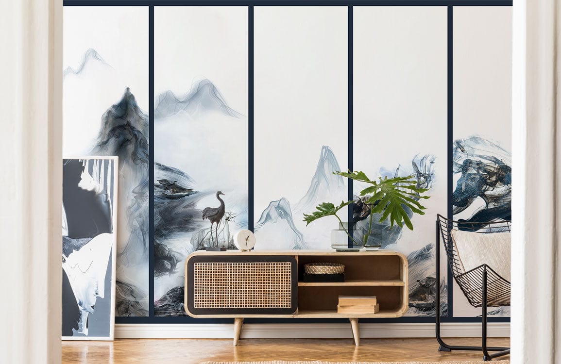 Serene Blue Mist Mountain Landscape mural on white wall, Scandinavian-style cabinet, wooden flooring, minimal decor.