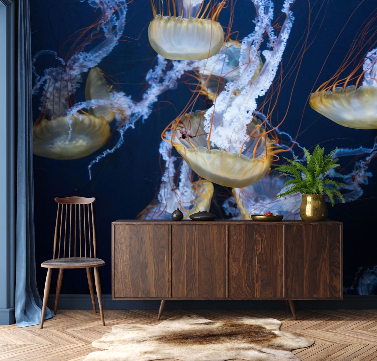 Deep Blue Ocean Jellyfish mural, wooden sideboard, chair, elegant dark room, luxury aquatic wallpaper.