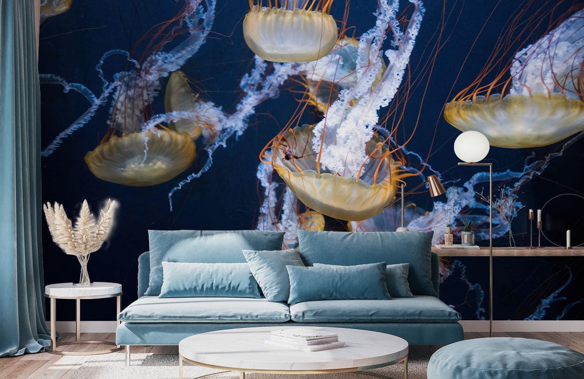 Aquatic Elegance Wallpaper, modern blue sofa, wooden flooring, living room, stylish decorative lamp.