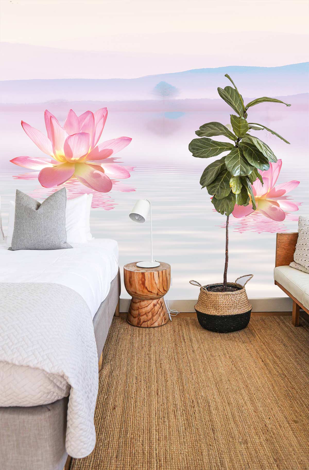 Serene Pink Lotus Mural Wallpaper: bedroom setting with white bed, wicker flooring, and tranquil decor.