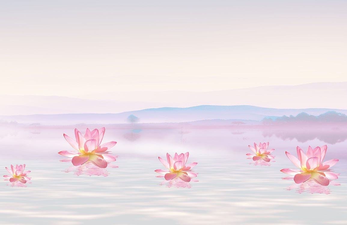 Serene Pink Lotus Mural Wallpaper: Tranquil Water Lilies Landscape Style