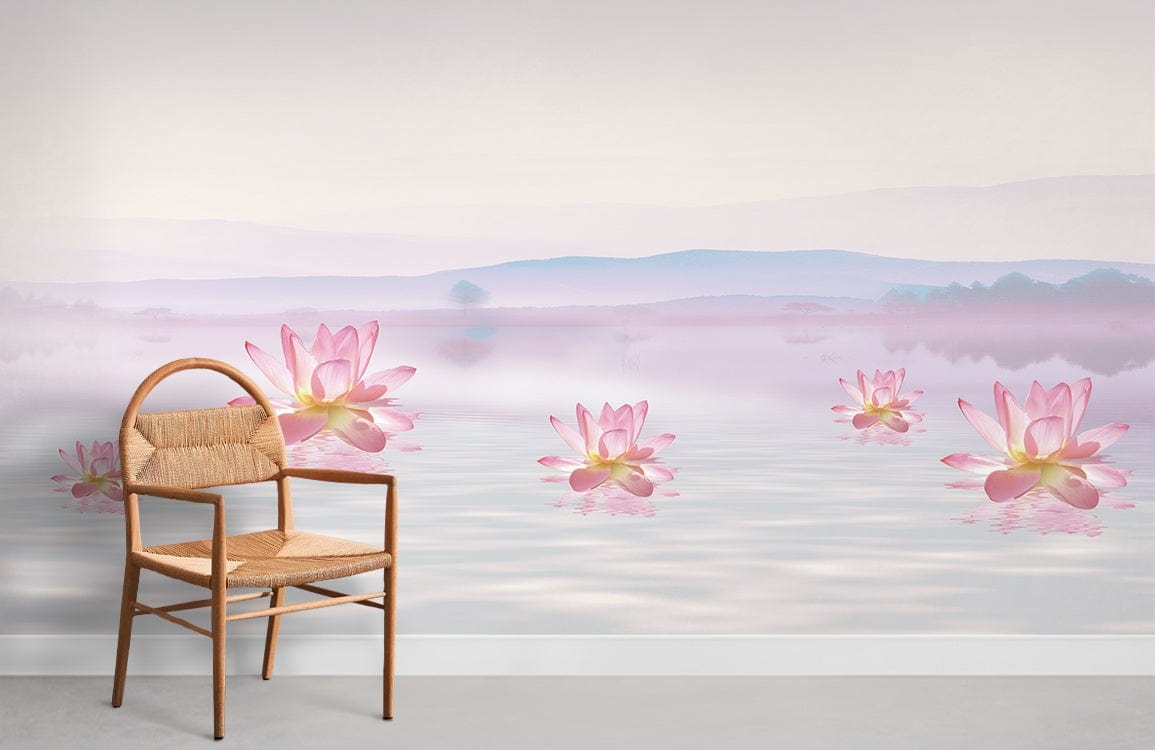 Serene Pink Lotus Mural Wallpaper with tranquil water lilies, featuring a wooden chair and grey flooring.