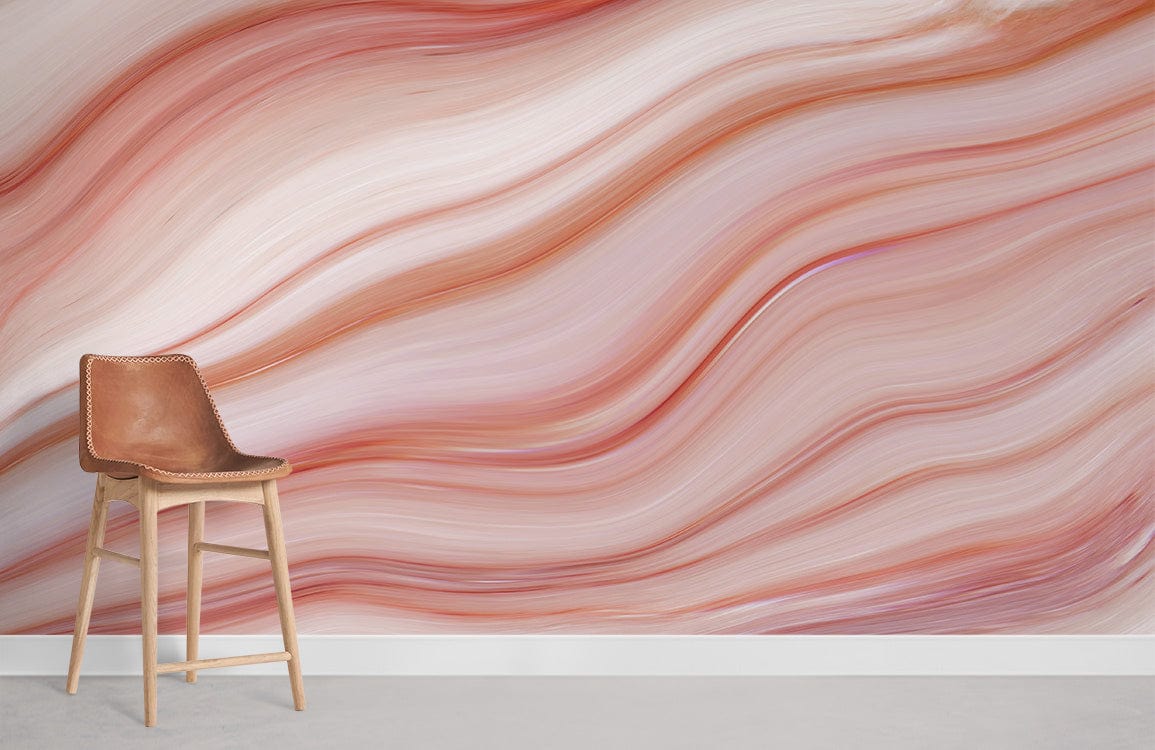 Elegant pink marble wave mural wallpaper with brown leather chair, contemporary interior design.