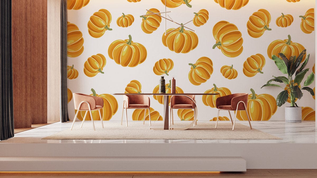Autumn Harvest Pumpkin Mural Wallpaper in dining room with modern chairs, table, rug, and plant decor.