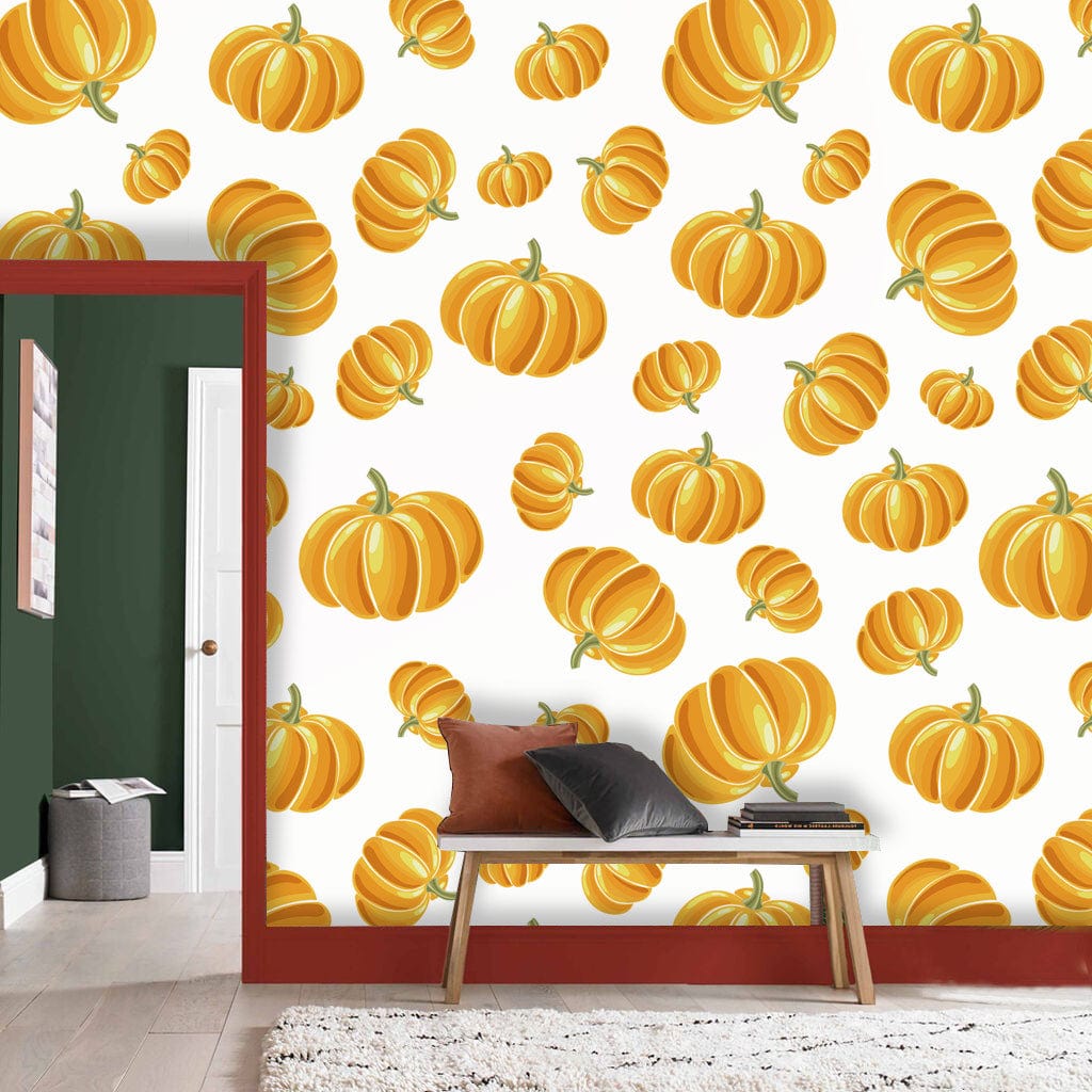 Autumn Harvest Pumpkin Mural Wallpaper; bench with brown and grey cushions, light wood flooring, hallway.