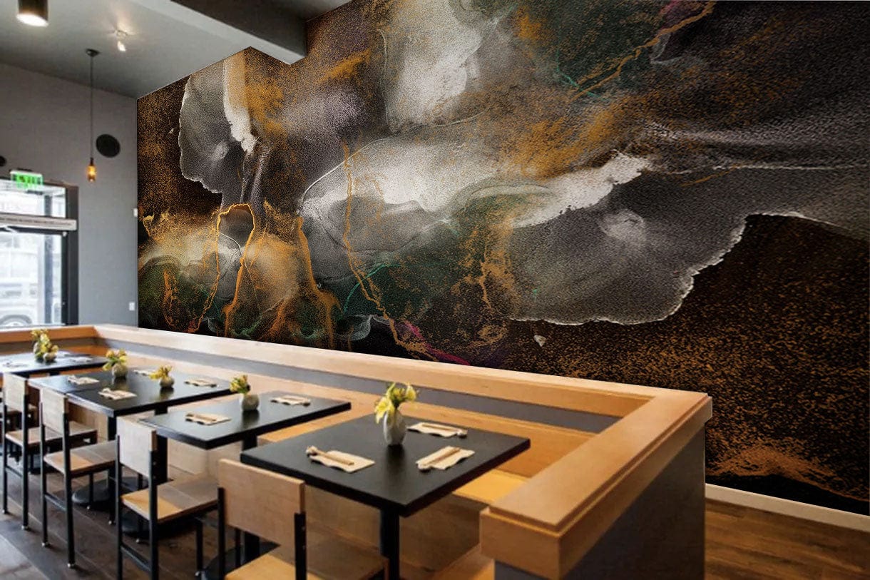 Abstract Dark Marble Mural Wallpaper with gold and purple accents in modern restaurant; chic wooden seating.