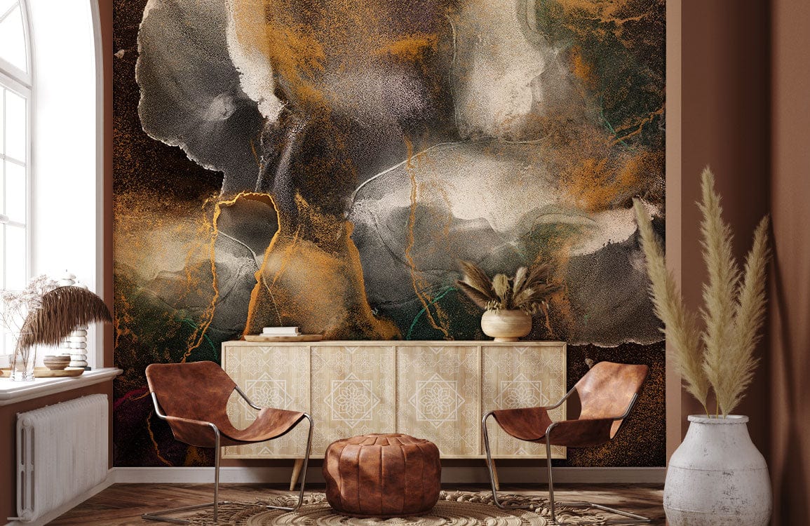 Abstract dark marble mural wallpaper featuring gold, purple accents in living room, with leather chairs.