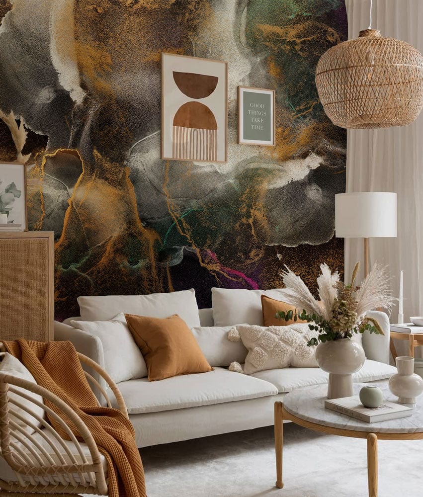 Abstract dark marble mural wallpaper with gold, purple accents; featuring beige sofa, wicker lamp, light decor.