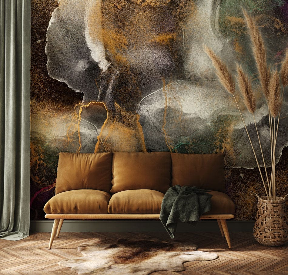 Abstract dark marble mural wallpaper in living room with velvet sofa, patterned rug, natural flooring.