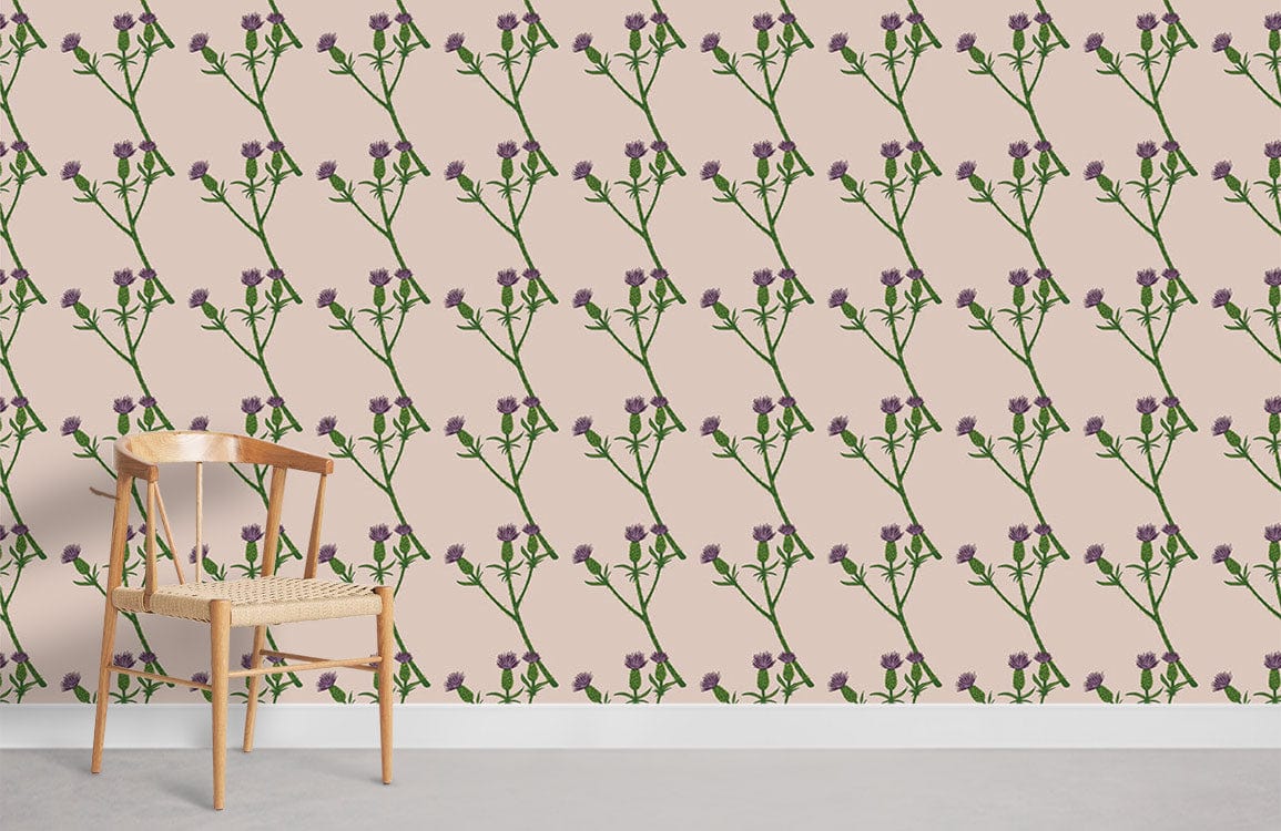 Lavender floral wallpaper with beige background, wooden chair, and grey flooring in minimalist room.