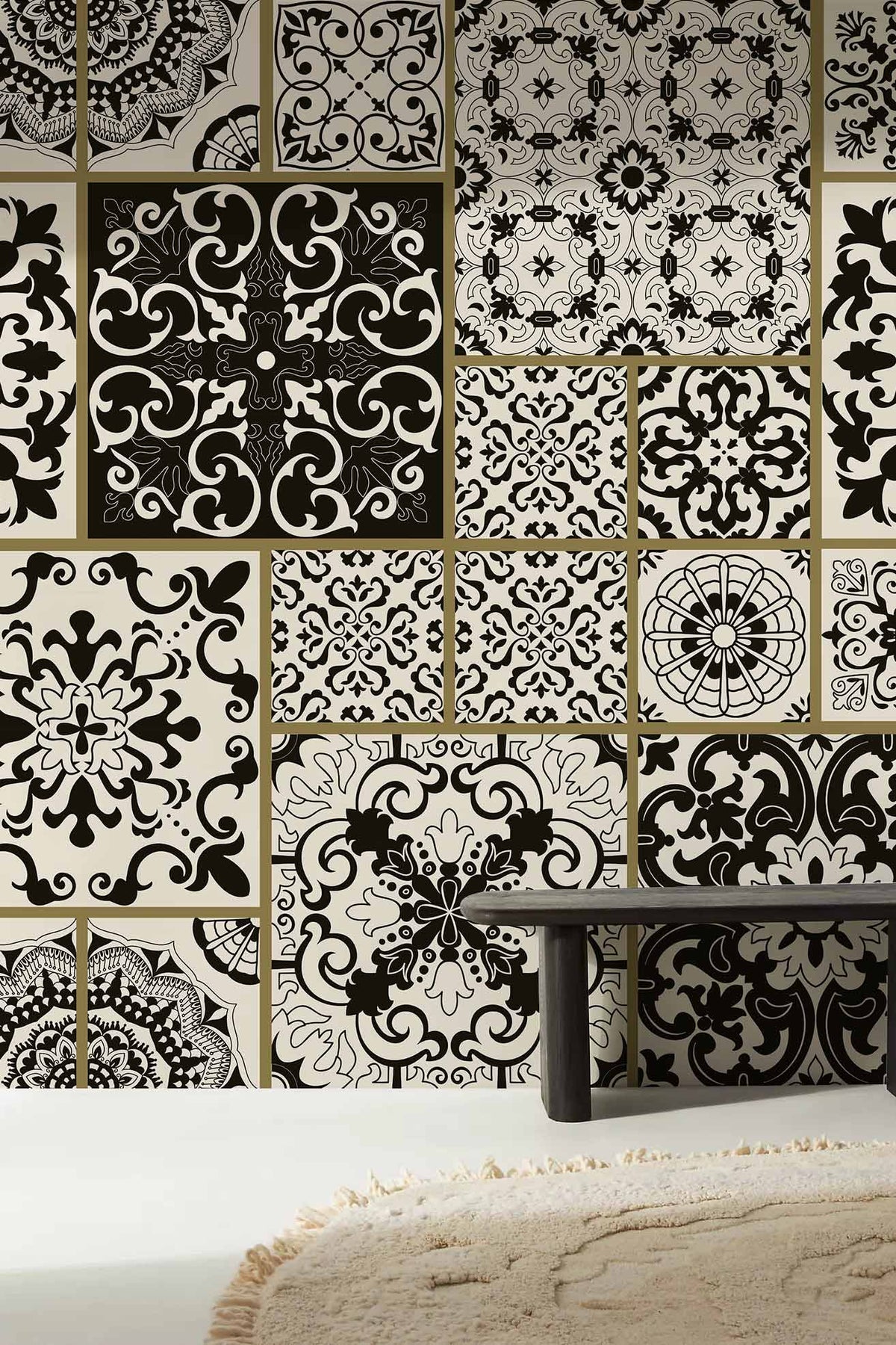 Elegant monochrome Moroccan tile wallpaper with bench on white floor for stylish UK interiors.