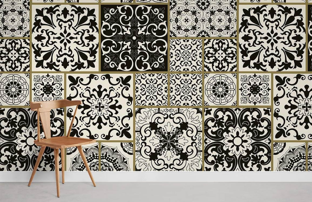 Elegant monochrome Moroccan tile wallpaper with wooden chair; stylish interior flooring. UK home design.