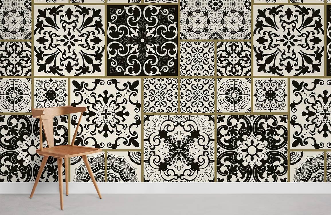 Elegant monochrome Moroccan tile wallpaper with wooden chair; stylish interior flooring. UK home design.