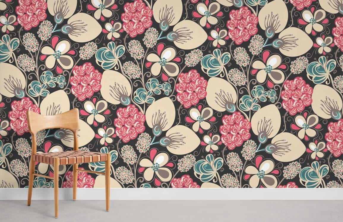 Chair against Vintage Floral Elegance Wallpaper; pink, teal, beige botanical design; hardwood flooring.