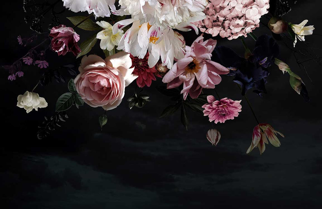 Elegant Dark Floral Blooms Mural Wallpaper - Vintage Style Black Background