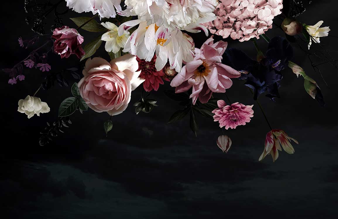 Elegant Dark Floral Blooms Mural Wallpaper - Vintage Style Black Background