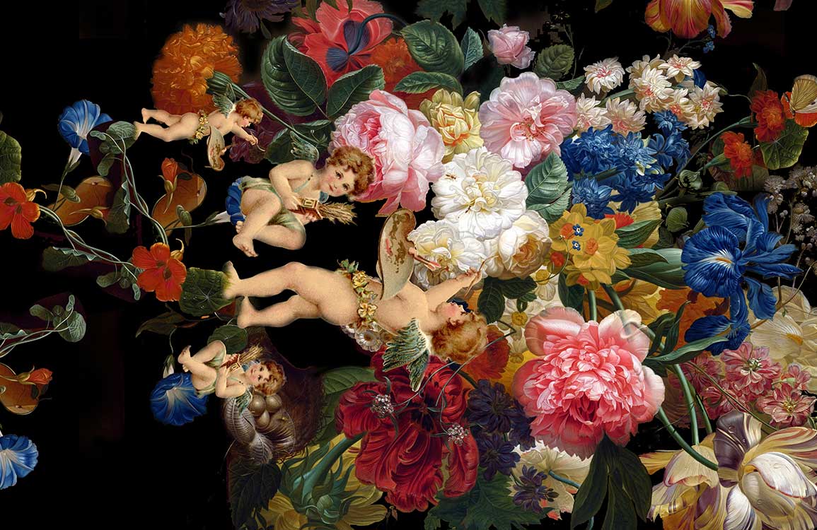 Luxurious Black Floral Mural Wallpaper with Vibrant Colours and Cherub Design