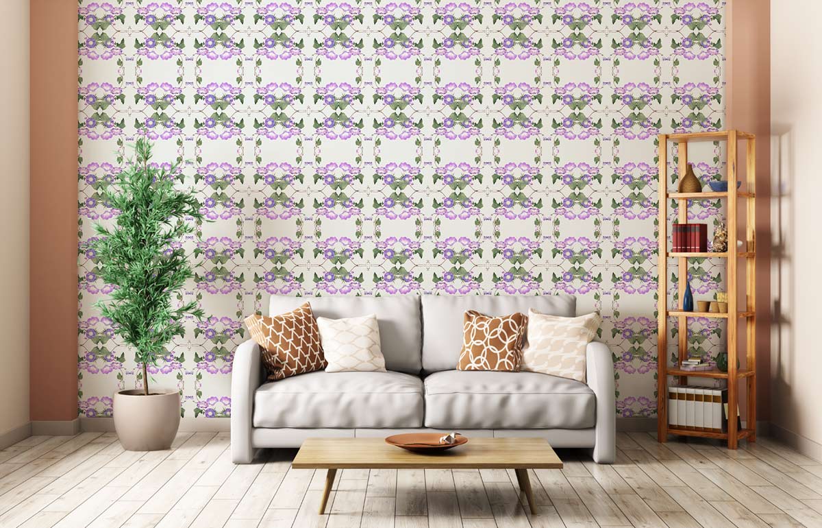Elegant lilac-green floral wallpaper with grey sofa, light wood flooring, shelves in modern living room.