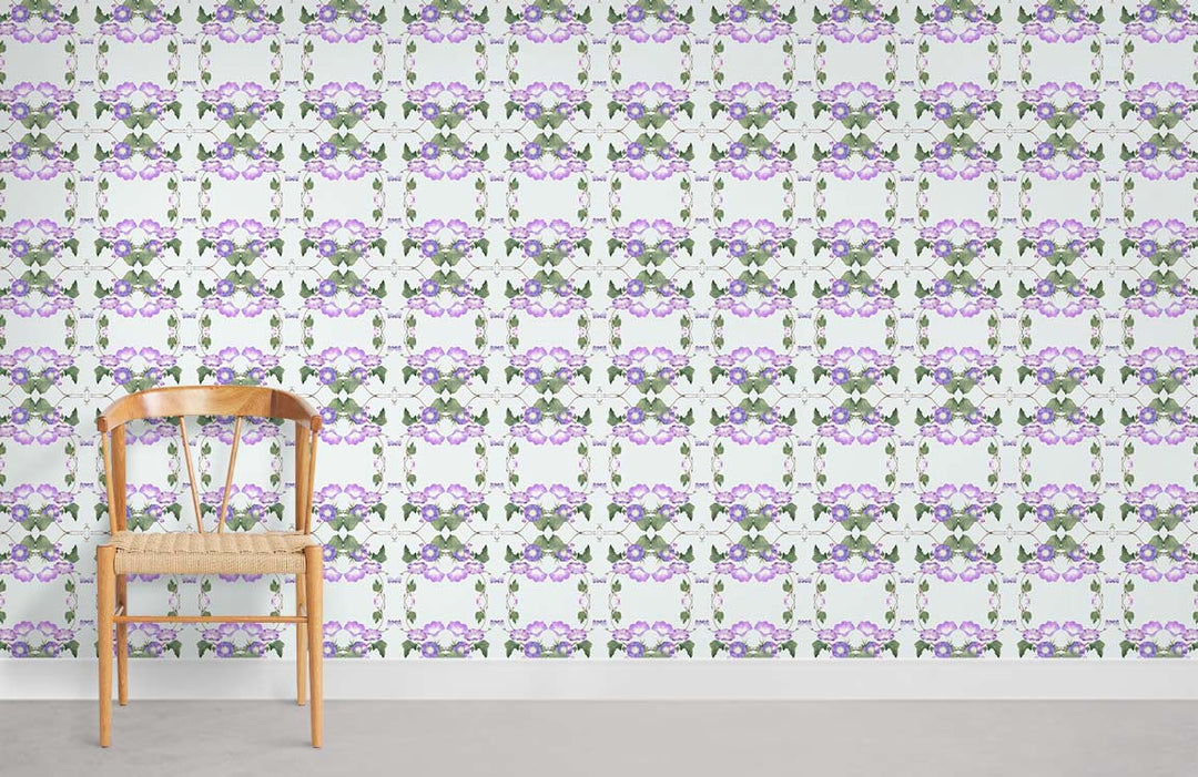 Elegant Lilac and Green Floral Pattern Wallpaper with wooden chair, modern minimalist room setting.