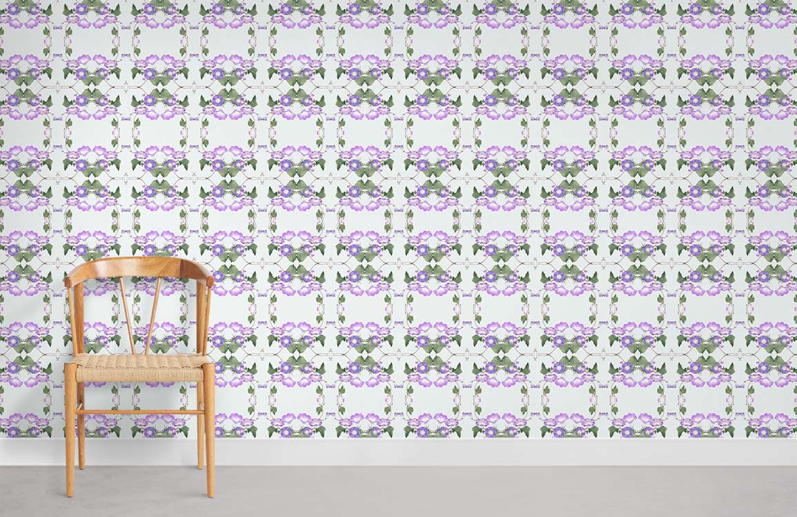 Elegant Lilac and Green Floral Pattern Wallpaper with wooden chair, modern minimalist room setting.
