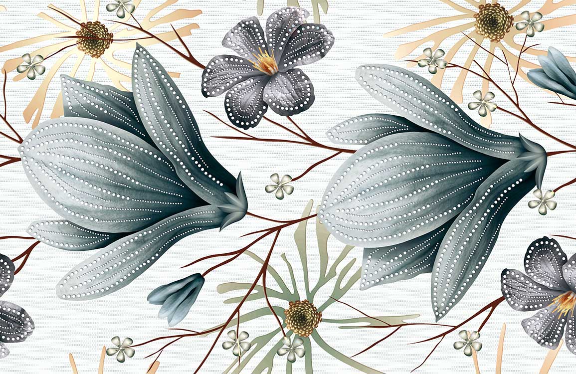 Botanical Elegance: Grey and Teal Tropical Floral Pattern Wallpaper