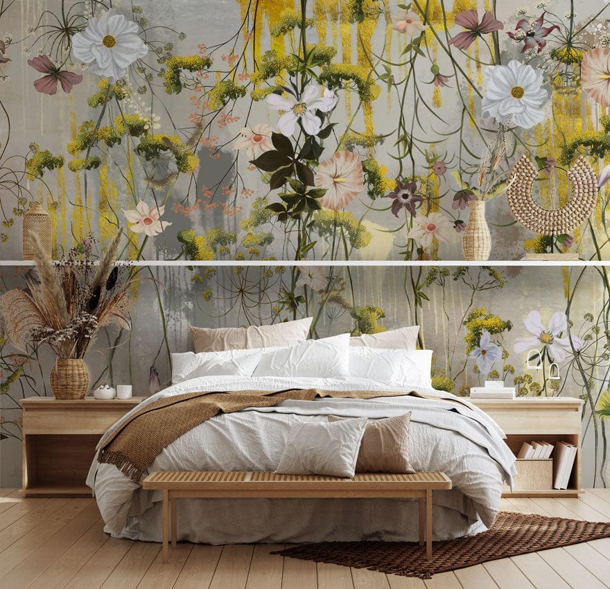 Elegant Floral Watercolour Mural Wallpaper with wildflowers in bedroom, wood flooring, neutral bedding, vases.