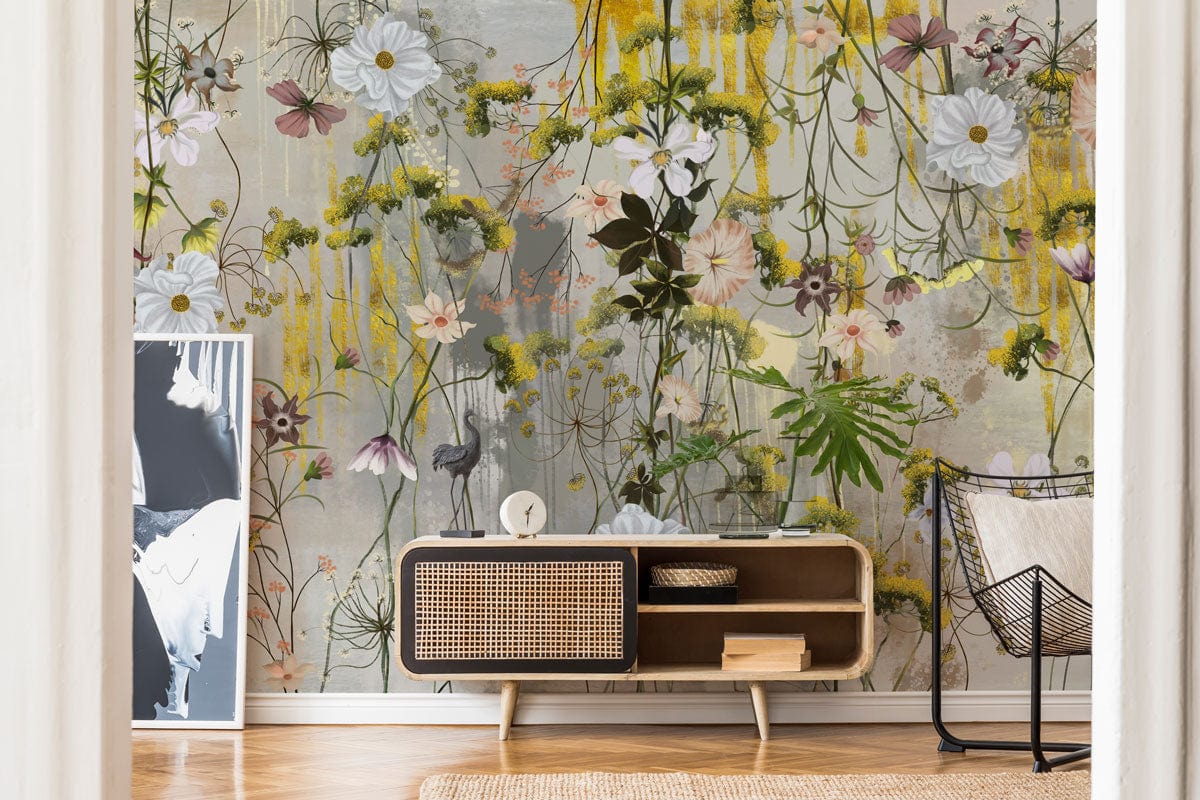 Elegant floral watercolour mural wallpaper, soft pastels; vintage cabinet, eclectic room, wooden flooring.