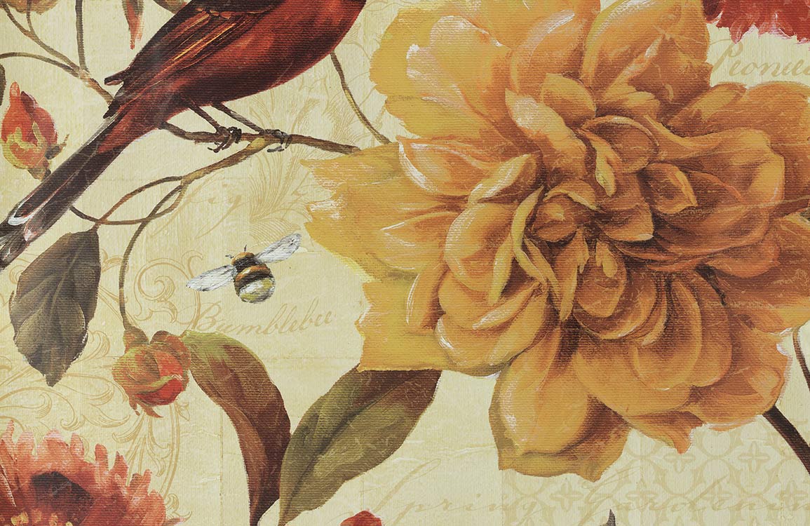 Vintage Floral and Fauna Print Wallpaper with Warm Yellow Tones