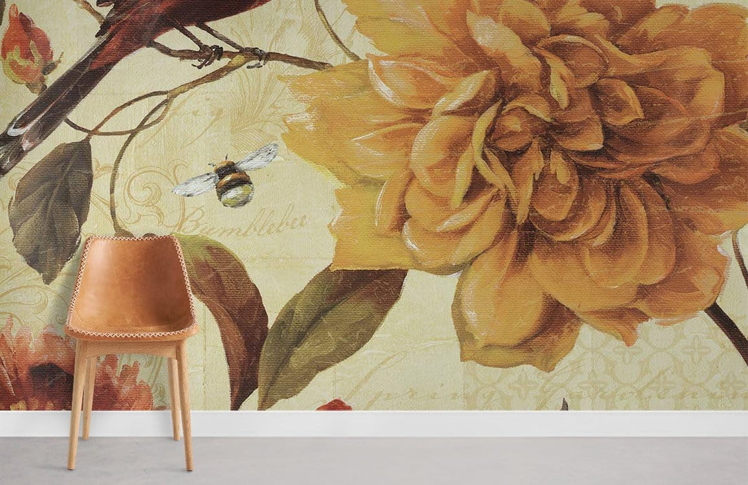 Vintage Floral and Fauna Print Wallpaper with Yellow Tones, leather chair, neutral concrete flooring.