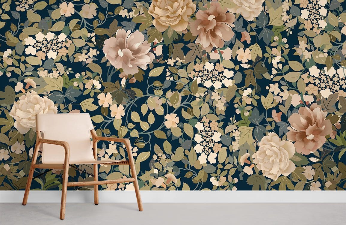 Elegant navy floral mural wallpaper in living room, beige chair, floral accents, neutral flooring.