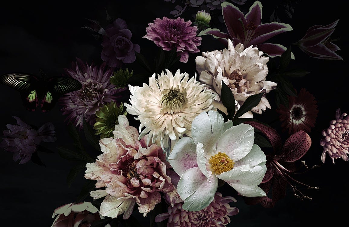 Elegant Dark Floral Bloom Mural Wallpaper - Rich Botanical Artistry Design