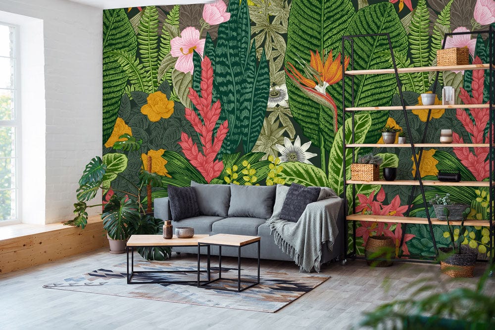 Tropical Paradise Mural with vibrant florals, grey sofa, wooden flooring, and modern decor in living room.