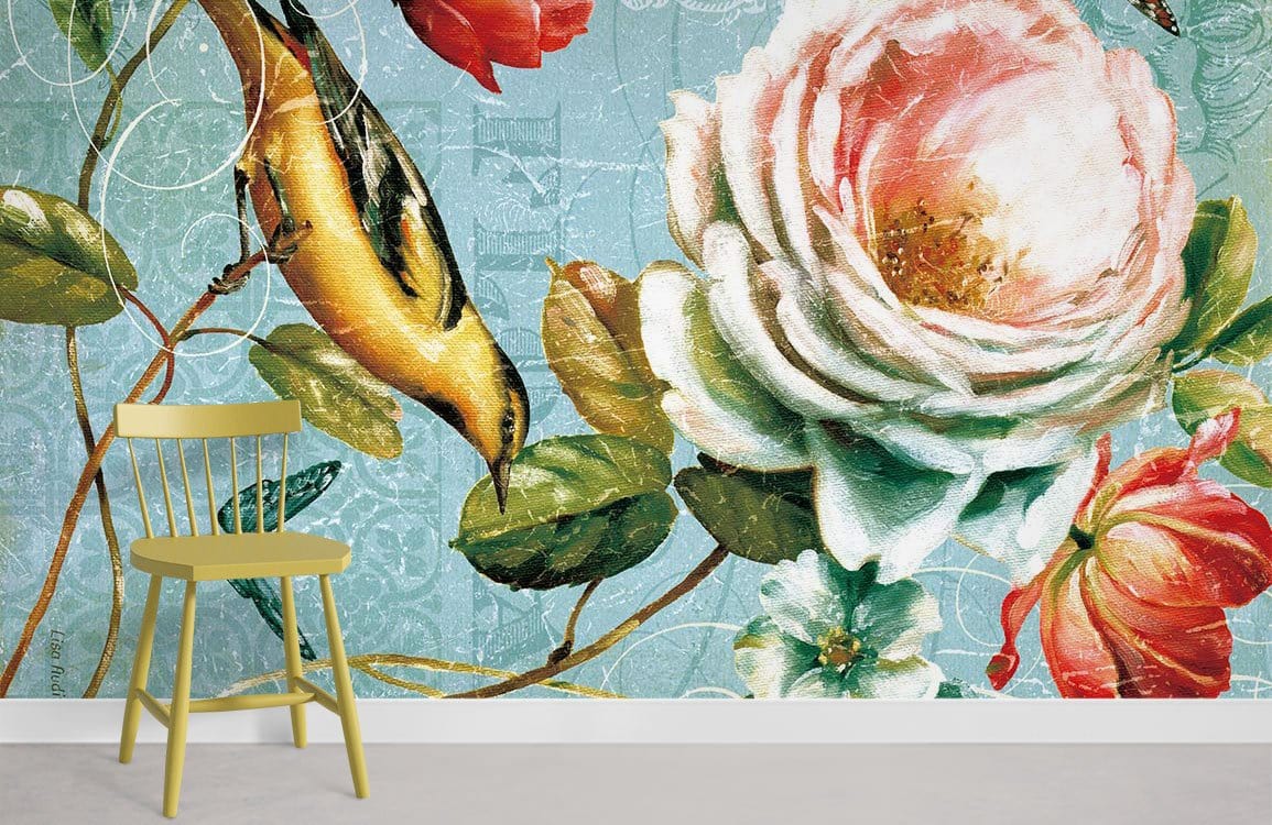 Vintage floral bird mural wallpaper in blue with roses, yellow chair, in room with minimalist decor.