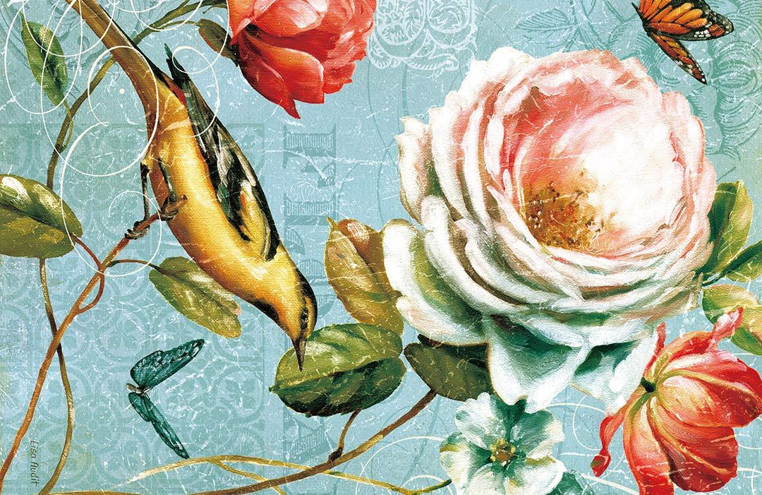 Vintage Floral and Bird Mural Wallpaper in Blue with Roses Delight