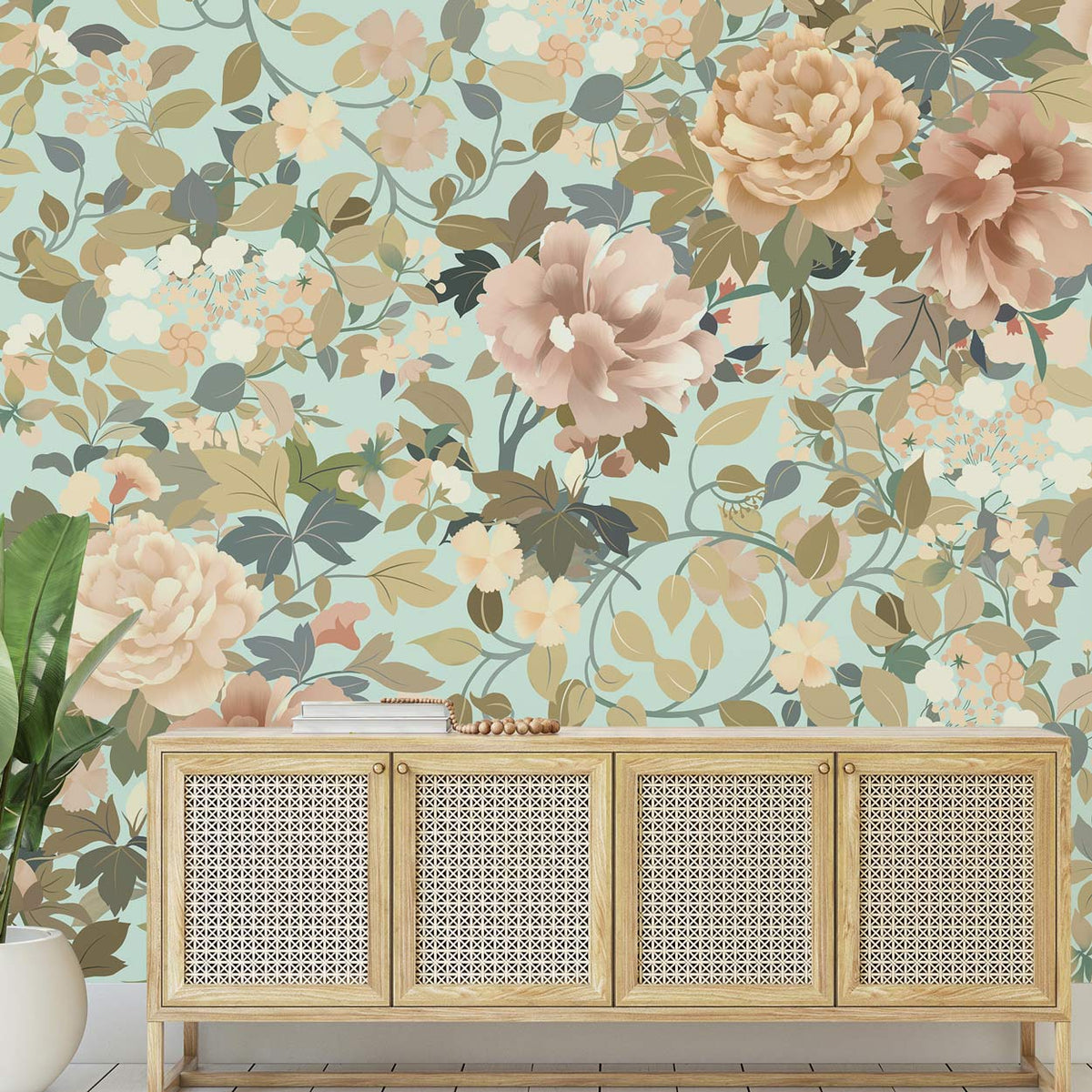 Pastel floral wallpaper, neutral wicker console, light wood flooring in stylish contemporary living room.