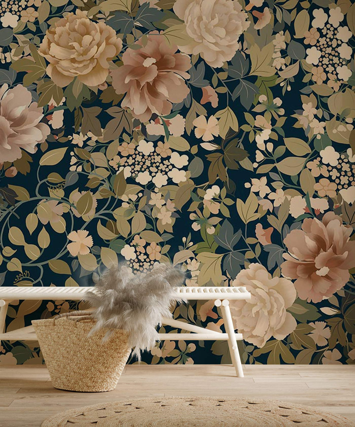 Elegant navy floral mural wallpaper, pastel blooms; living room setting with light wood flooring and bench.