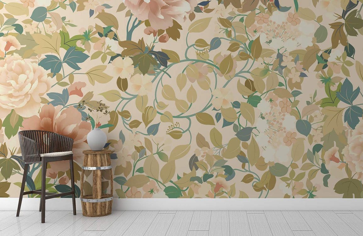 Elegant Vintage Floral Pattern Wallpaper with Soft Pastel Tones and Leafy Design