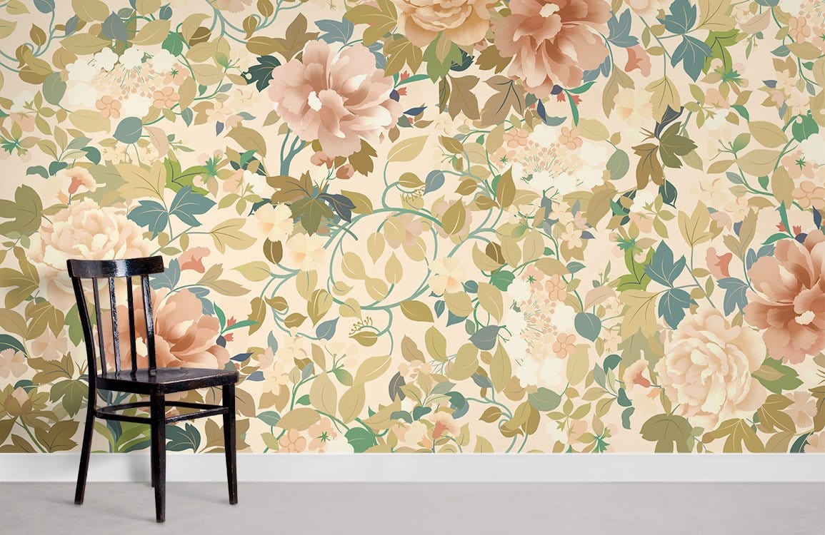 Elegant vintage floral wallpaper with soft pastel tones, leafy design, black wooden chair, grey flooring.