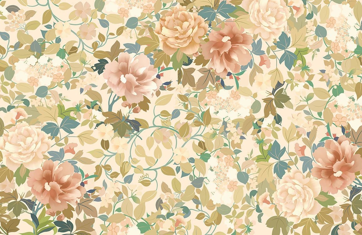 Elegant wallpaper with vintage floral pattern, soft pastel tones; leafy design enhances room ambience.