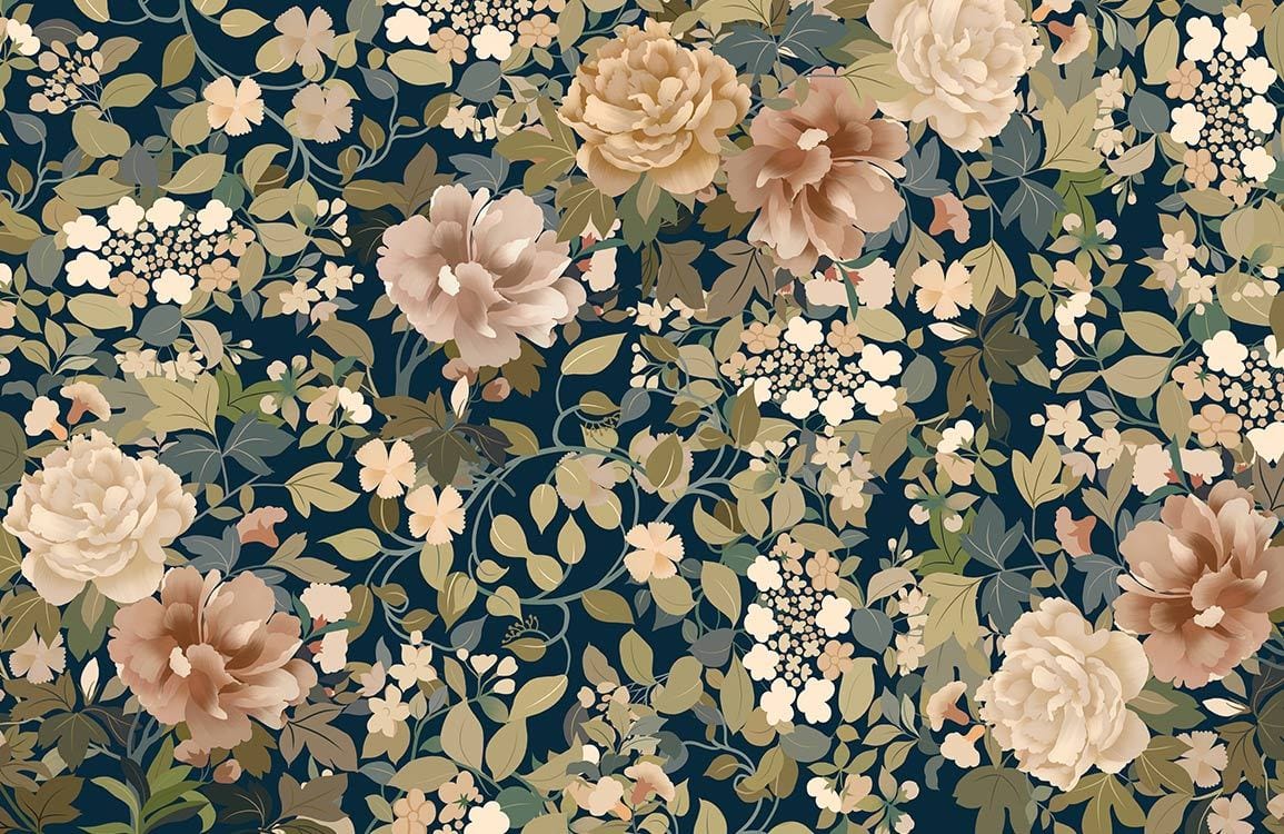 Elegant navy floral mural wallpaper with pastel blooms, perfect for living room decor enhancement.