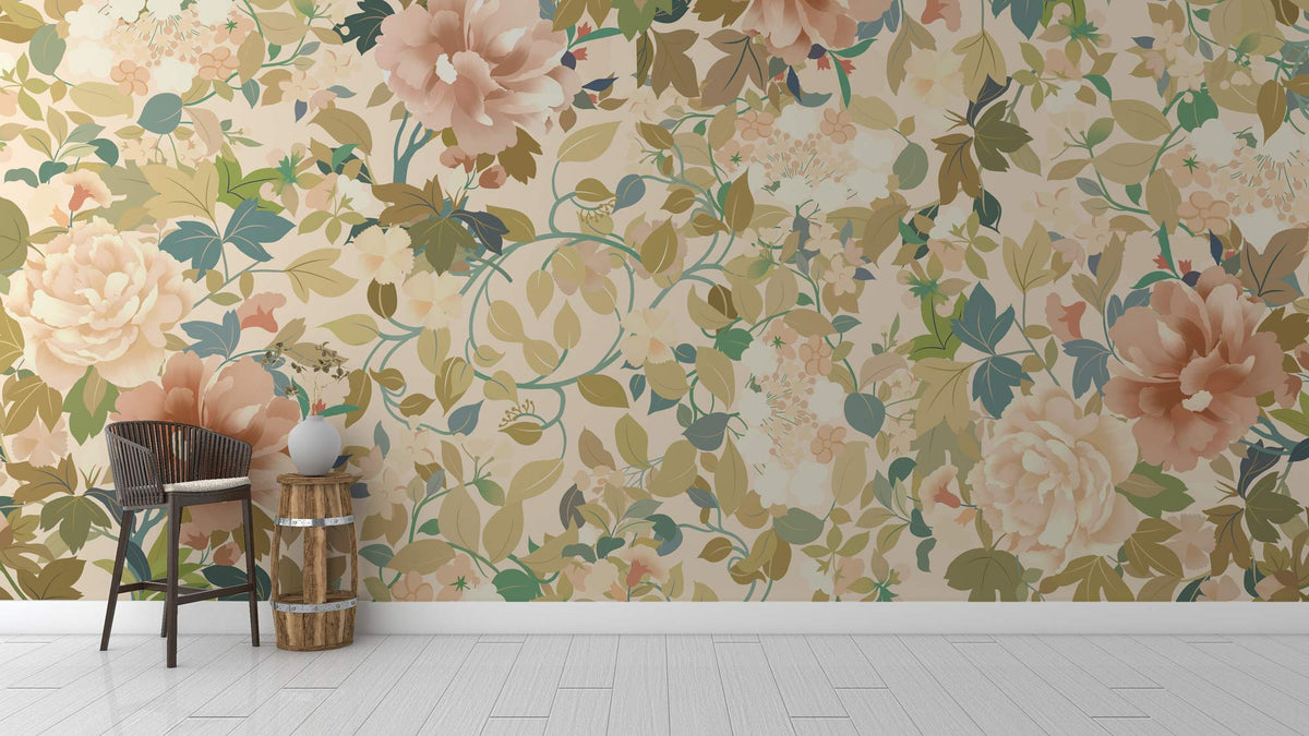 Vintage floral wallpaper with soft pastel blooms in chic interior, featuring wooden chair and flooring.