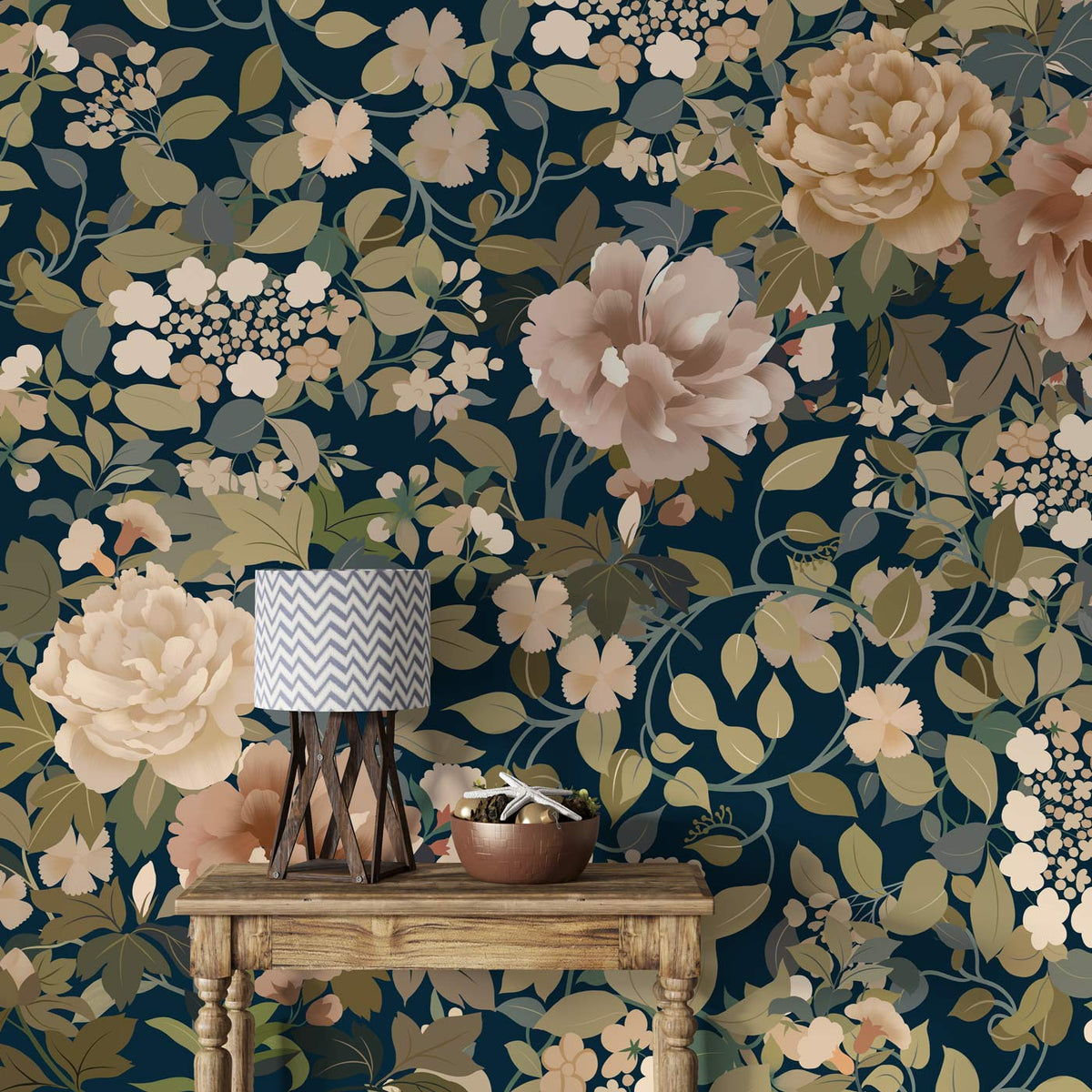 Elegant Navy Floral Mural Wallpaper in living room with wooden table; soft pastel blooms enhance decor.