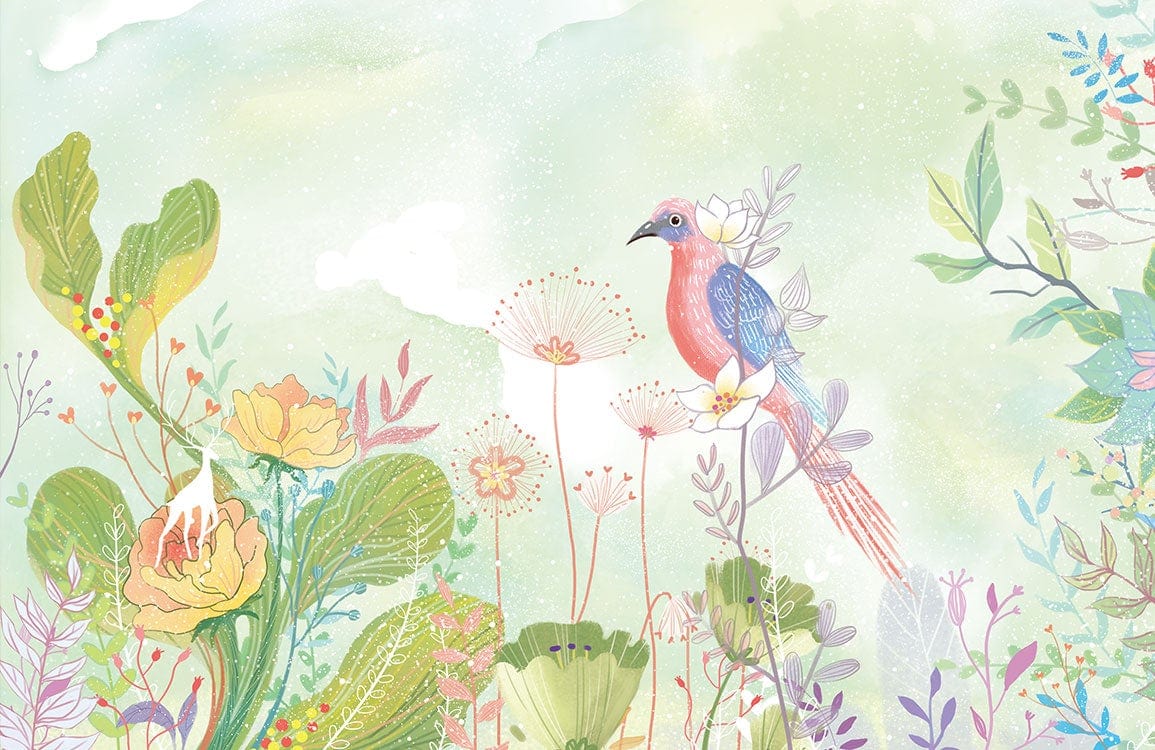 Serene Pastel Garden Mural Wallpaper with Exotic Bird and Floral Design