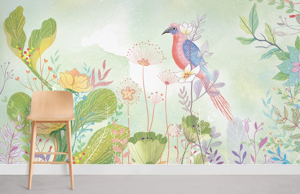 Serene pastel garden mural wallpaper with exotic bird, floral design, wooden chair, light grey flooring.