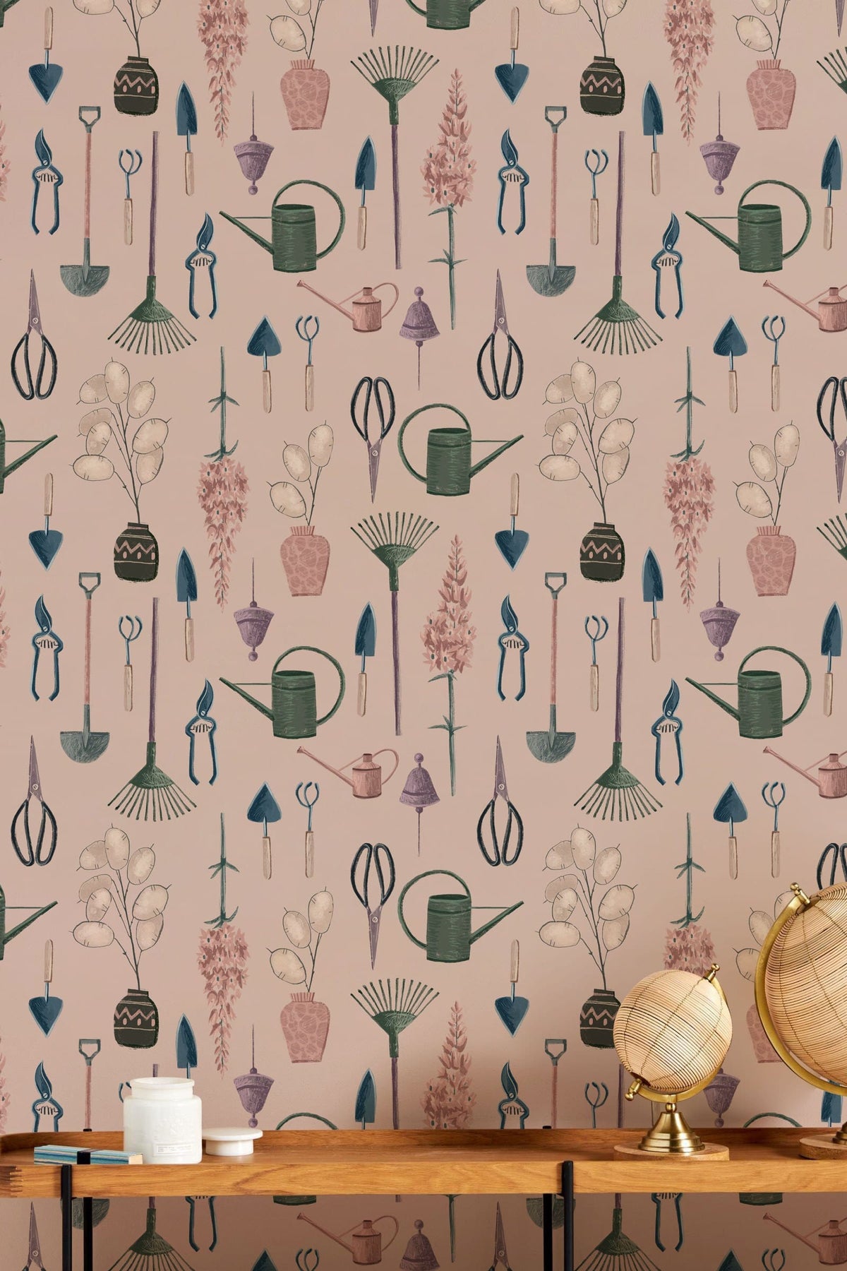 Vintage Botanical Pattern Wallpaper, Subtle Pastels, Retro British Style, Wooden Table, Decorative Globes.